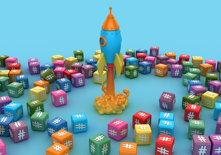 Blocks showing hashtags with a rocket in the centre of the image