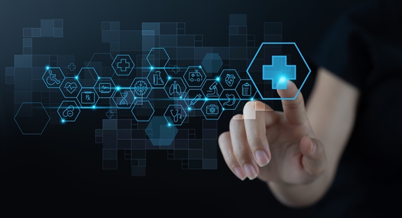 Image of a healthcare icons and a finger pointing to a cross icon Image of a healthcare icons and a finger pointing to a cross icon
