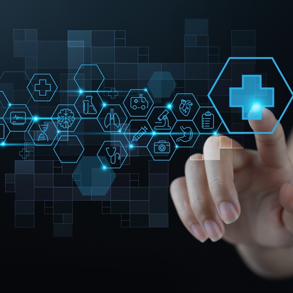 Image of a healthcare icons and a finger pointing to a cross icon Image of a healthcare icons and a finger pointing to a cross icon